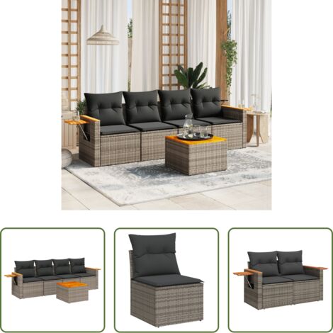 Poltrona da giardino -  Set Divano da Giardino 5 pz con Cuscini Grigio in Polyrattan