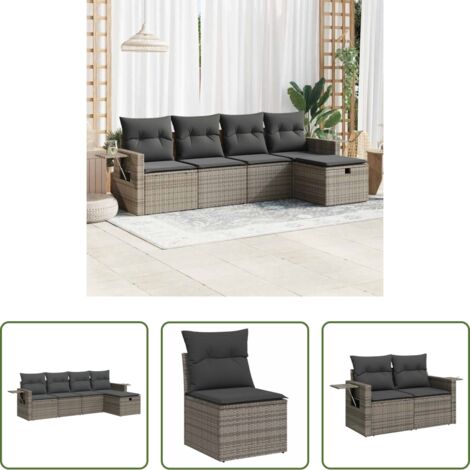 Poltrona da giardino -  Set Divano da Giardino 5 pz con Cuscini Grigio in Polyrattan
