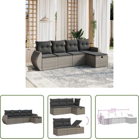 Poltrona da giardino -  Set Divano da Giardino 5 pz con Cuscini Grigio in Polyrattan