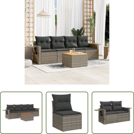 Poltrona da giardino -  Set Divano da Giardino 5 pz con Cuscini Grigio in Polyrattan