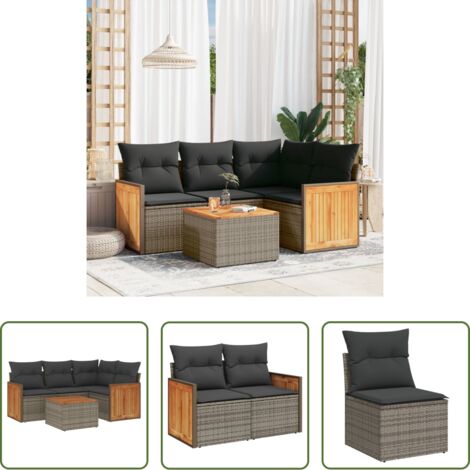 Poltrona da giardino -  Set Divano da Giardino 5 pz con Cuscini Grigio in Polyrattan