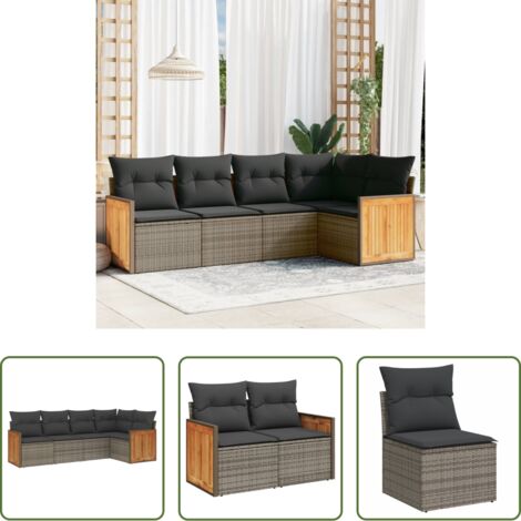 Poltrona da giardino -  Set Divano da Giardino 5 pz con Cuscini Grigio in Polyrattan