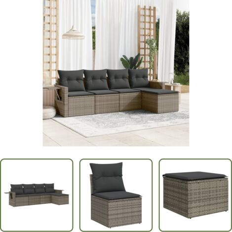 Poltrona da giardino -  Set Divano da Giardino 5 pz con Cuscini Grigio in Polyrattan