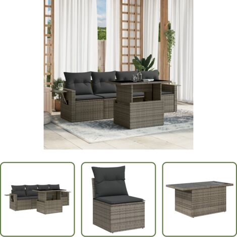 Poltrona da giardino -  Set Divano da Giardino 5 pz con Cuscini Grigio in Polyrattan