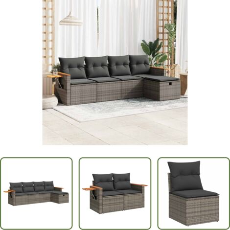 Poltrona da giardino -  Set Divano da Giardino 5 pz con Cuscini Grigio in Polyrattan