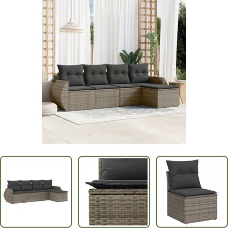 Poltrona da giardino -  Set Divano da Giardino 5 pz con Cuscini Grigio in Polyrattan