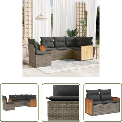 Poltrona da giardino -  Set Divano da Giardino 5 pz con Cuscini Grigio in Polyrattan