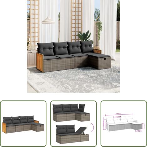 Poltrona da giardino -  Set Divano da Giardino 5 pz con Cuscini Grigio in Polyrattan