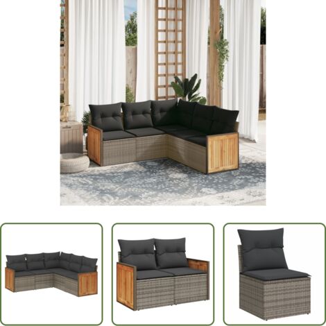 Poltrona da giardino -  Set Divano da Giardino 5 pz con Cuscini Grigio in Polyrattan