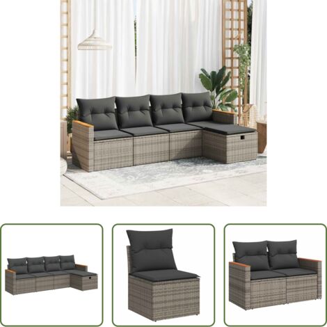 Poltrona da giardino -  Set Divano da Giardino 5 pz con Cuscini Grigio in Polyrattan