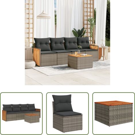 Poltrona da giardino -  Set Divano da Giardino 5 pz con Cuscini Grigio in Polyrattan