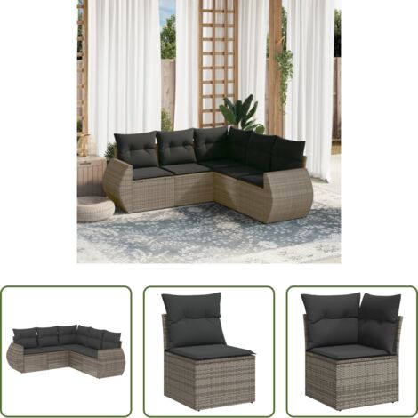 Poltrona da giardino -  Set Divano da Giardino 5 pz con Cuscini Grigio in Polyrattan