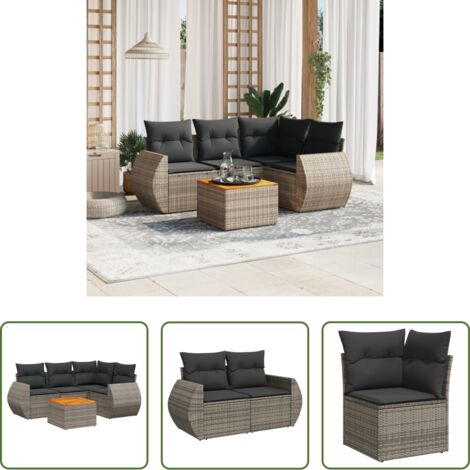 Poltrona da giardino -  Set Divano da Giardino 5 pz con Cuscini Grigio in Polyrattan