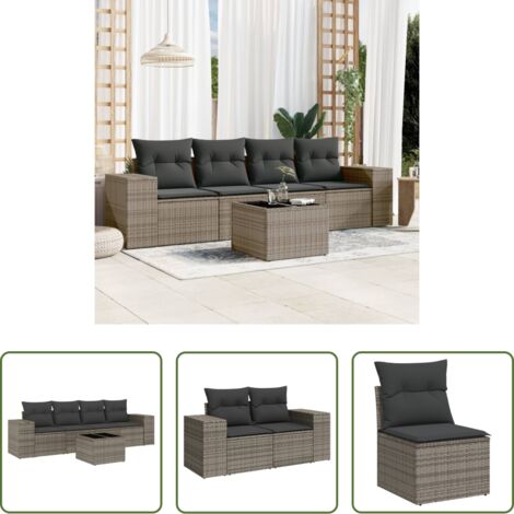 Poltrona da giardino -  Set Divano da Giardino 5 pz con Cuscini Grigio in Polyrattan