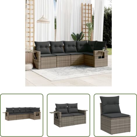 Poltrona da giardino -  Set Divano da Giardino 5 pz con Cuscini Grigio in Polyrattan