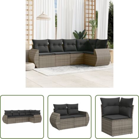 Poltrona da giardino -  Set Divano da Giardino 5 pz con Cuscini Grigio in Polyrattan