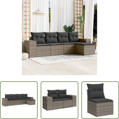 Poltrona da giardino -  Set Divano da Giardino 5 pz con Cuscini Grigio in Polyrattan