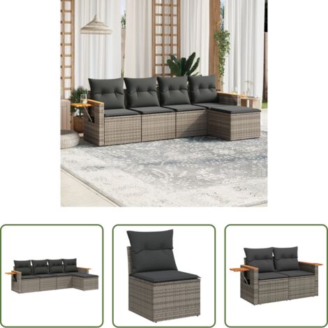 Poltrona da giardino -  Set Divano da Giardino 5 pz con Cuscini Grigio in Polyrattan