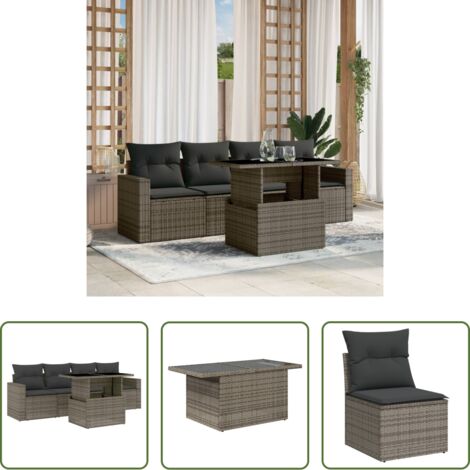 Poltrona da giardino -  Set Divano da Giardino 5 pz con Cuscini Grigio in Polyrattan