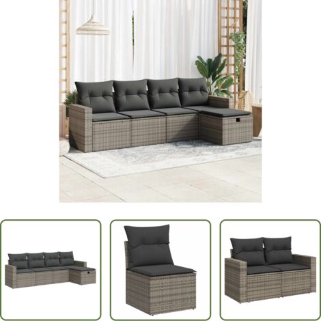 Poltrona da giardino -  Set Divano da Giardino 5 pz con Cuscini Grigio in Polyrattan