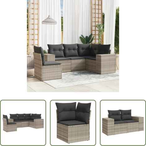 Poltrona da giardino -  Set Divano da Giardino 5pz con Cuscini Grigio Chiaro Polyrattan