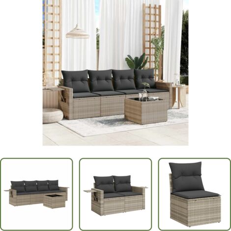 Poltrona da giardino -  Set Divano da Giardino 5pz con Cuscini Grigio Chiaro Polyrattan
