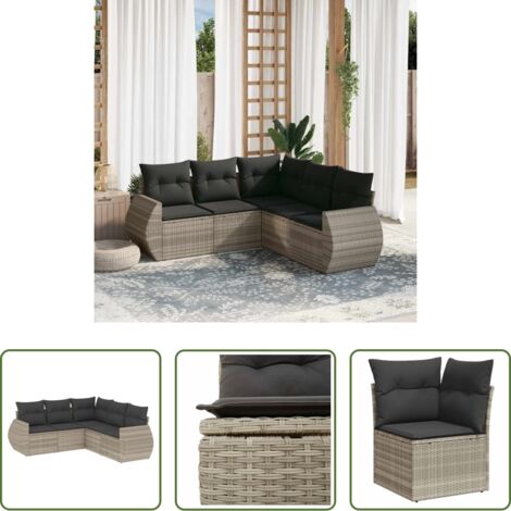 Poltrona da giardino -  Set Divano da Giardino 5pz con Cuscini Grigio Chiaro Polyrattan