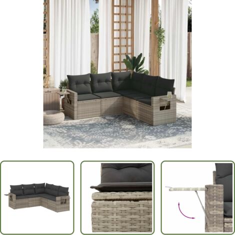 Poltrona da giardino -  Set Divano da Giardino 5pz con Cuscini Grigio Chiaro Polyrattan