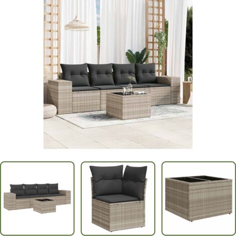 Poltrona da giardino -  Set Divano da Giardino 5pz con Cuscini Grigio Chiaro Polyrattan