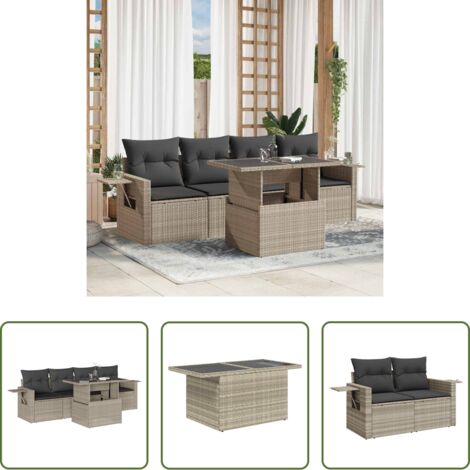 Poltrona da giardino -  Set Divano da Giardino 5pz con Cuscini Grigio Chiaro Polyrattan