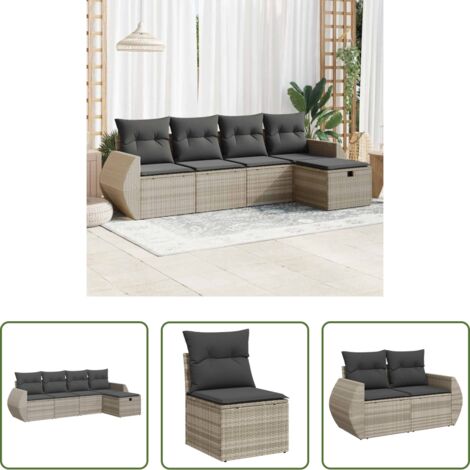 Poltrona da giardino -  Set Divano da Giardino 5pz con Cuscini Grigio Chiaro Polyrattan