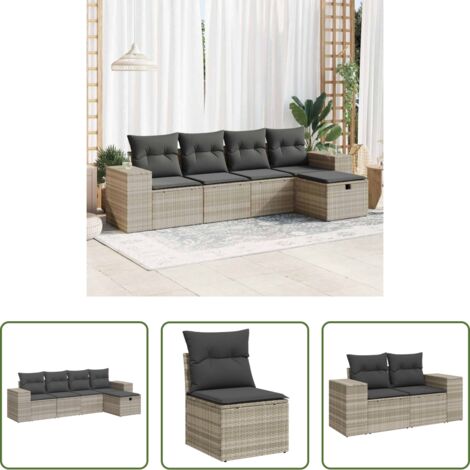 Poltrona da giardino -  Set Divano da Giardino 5pz con Cuscini Grigio Chiaro Polyrattan