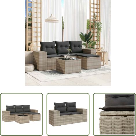 Poltrona da giardino -  Set Divano da Giardino 5pz con Cuscini Grigio Chiaro Polyrattan