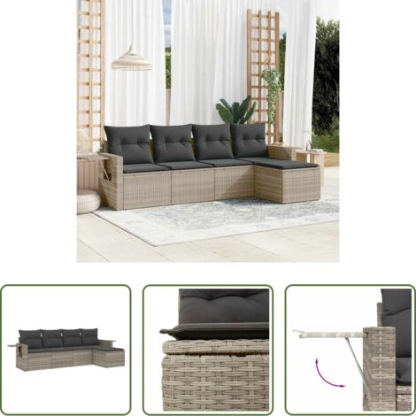 Poltrona da giardino -  Set Divano da Giardino 5pz con Cuscini Grigio Chiaro Polyrattan