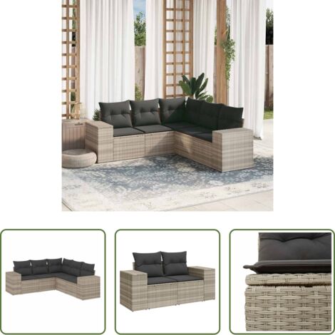 Poltrona da giardino -  Set Divano da Giardino 5pz con Cuscini Grigio Chiaro Polyrattan