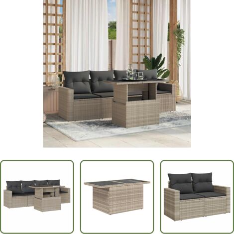 Poltrona da giardino -  Set Divano da Giardino 5pz con Cuscini Grigio Chiaro Polyrattan