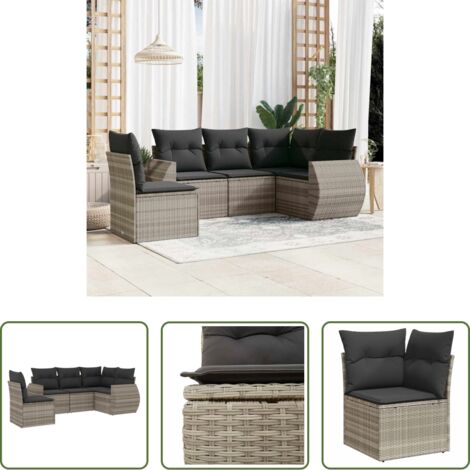 Poltrona da giardino -  Set Divano da Giardino 5pz con Cuscini Grigio Chiaro Polyrattan