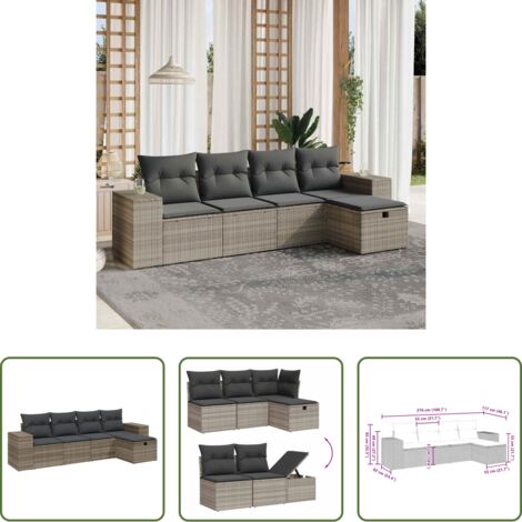 Poltrona da giardino -  Set Divano da Giardino 5pz con Cuscini Grigio Chiaro Polyrattan
