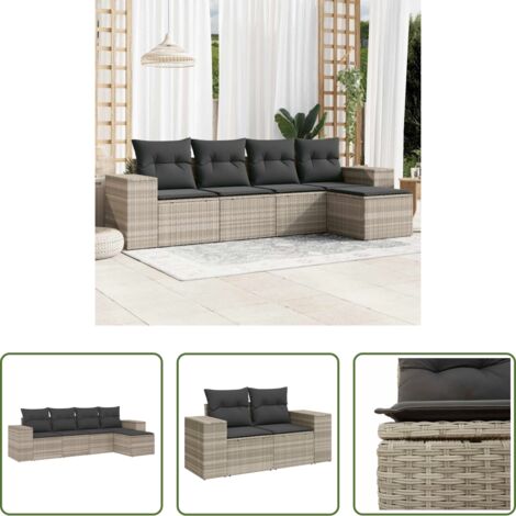 Poltrona da giardino -  Set Divano da Giardino 5pz con Cuscini Grigio Chiaro Polyrattan