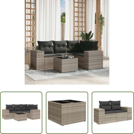 Poltrona da giardino -  Set Divano da Giardino 5pz con Cuscini Grigio Chiaro Polyrattan