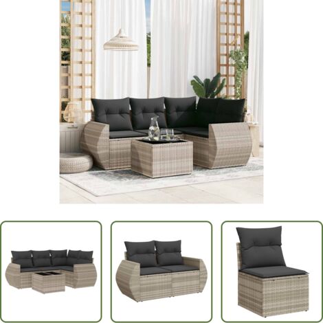 Poltrona da giardino -  Set Divano da Giardino 5pz con Cuscini Grigio Chiaro Polyrattan