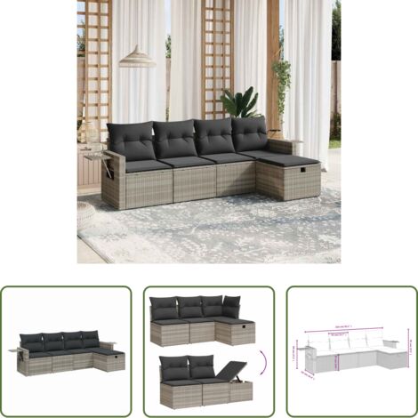 Poltrona da giardino -  Set Divano da Giardino 5pz con Cuscini Grigio Chiaro Polyrattan