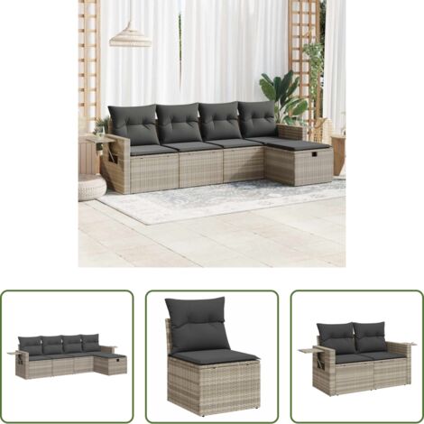 Poltrona da giardino -  Set Divano da Giardino 5pz con Cuscini Grigio Chiaro Polyrattan