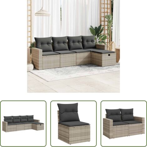 Poltrona da giardino -  Set Divano da Giardino 5pz con Cuscini Grigio Chiaro Polyrattan