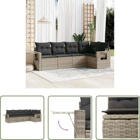 Poltrona da giardino -  Set Divano da Giardino 5pz con Cuscini Grigio Chiaro Polyrattan