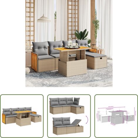 Poltrona da giardino -  Set Divano da Giardino 6 pz con Cuscini Beige in Polyrattan