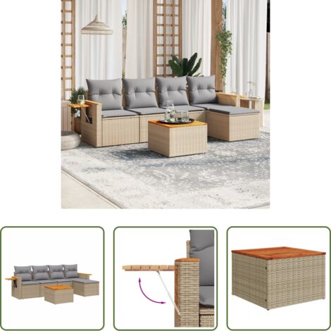 Poltrona da giardino -  Set Divano da Giardino 6 pz con Cuscini Beige in Polyrattan
