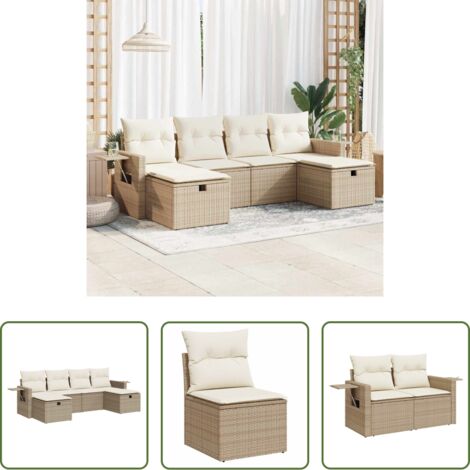 Poltrona da giardino -  Set Divano da Giardino 6 pz con Cuscini Beige in Polyrattan