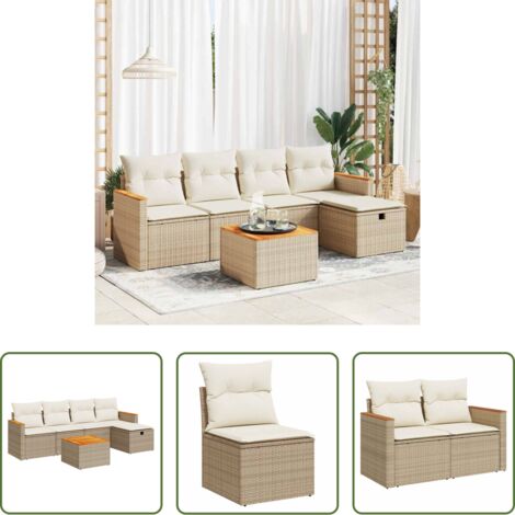 Poltrona da giardino -  Set Divano da Giardino 6 pz con Cuscini Beige in Polyrattan