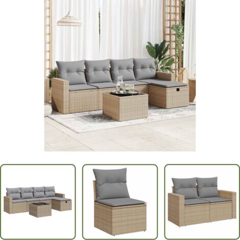 Poltrona da giardino -  Set Divano da Giardino 6 pz con Cuscini Beige in Polyrattan